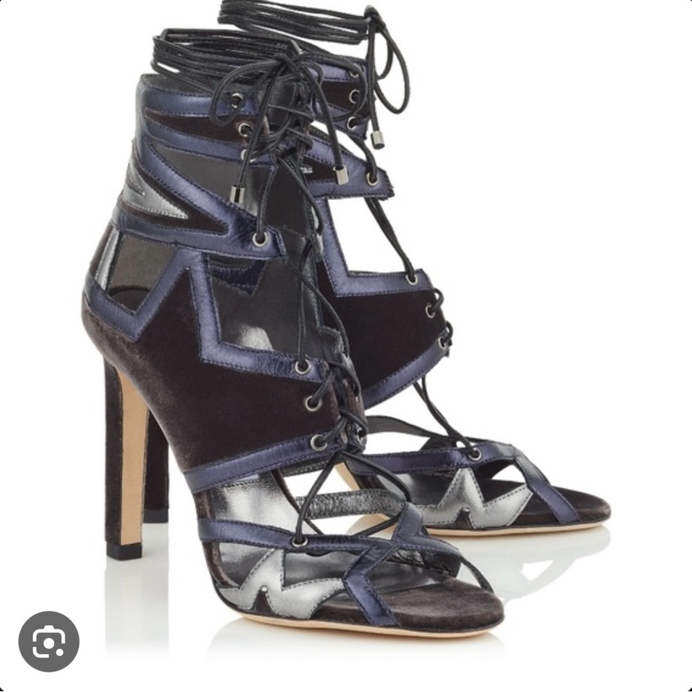 Jimmy Choo Denny 100 Heels in Mink/Mix Velvet/Metallic Nappa Leather size 38.